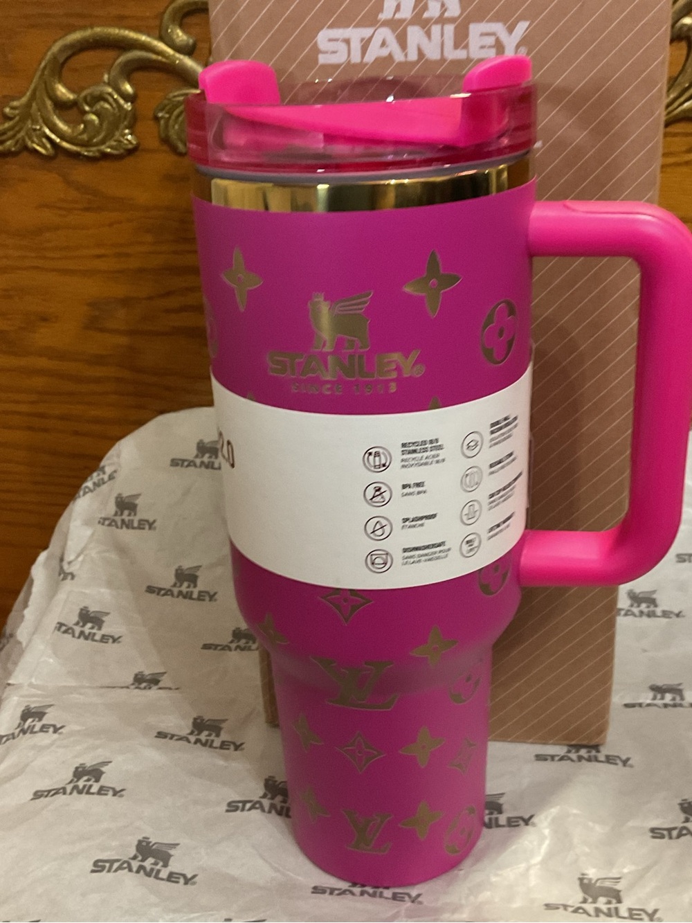 Stanley Pink Travel Tumbler with Handle and Metallic Accents